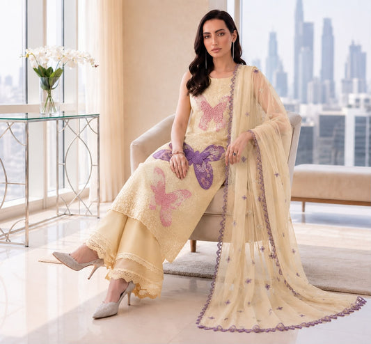 MRB - 3PC Lawn Chikankaari Embroidered Unstitched (Beige)