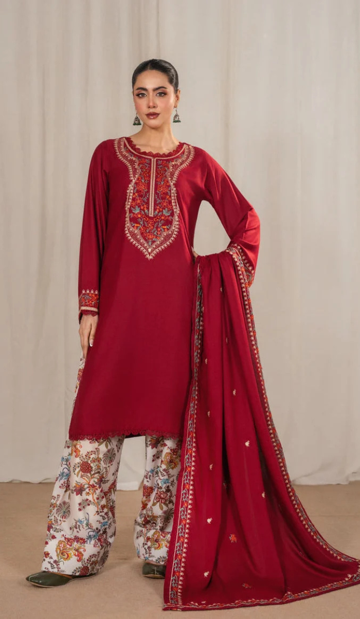 ANL - 3PC DHANAK EMBROIDERED UNSTITCHED (Maroon)