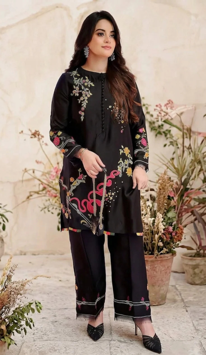 BTK - 2 PC DHANAK EMBROIDERED UNSTITCHED (Black)