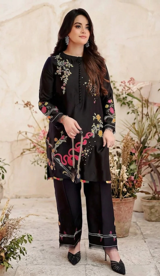 BTK - 2 PC DHANAK EMBROIDERED UNSTITCHED (Black)