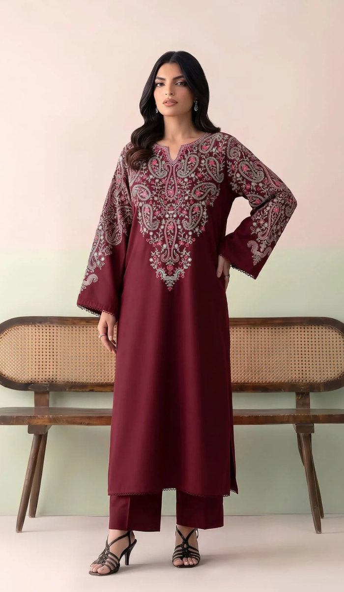 BTK - 2PC DHANAK EMBROIDERED UNSTITCHED(Maroon)