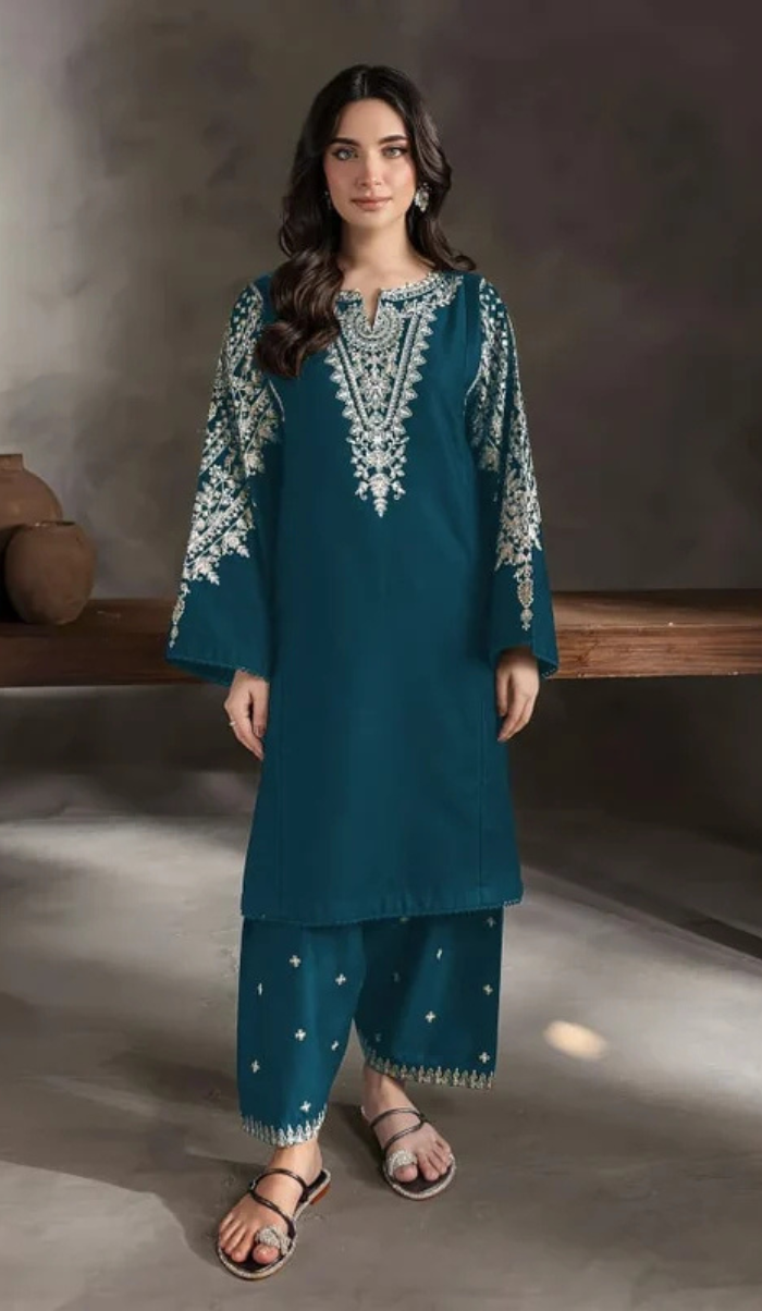 BTK - 2PC DHANAK EMBROIDERED UNSTITCHED(Teal Blue)