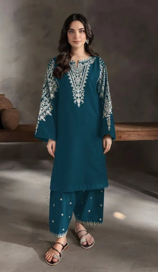 BTK - 2PC DHANAK EMBROIDERED UNSTITCHED(Teal Blue)