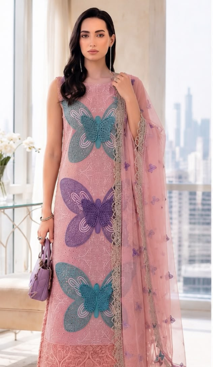 MRB - 3PC Lawn Chikankaari Embroidered  Unstitched (Pink)