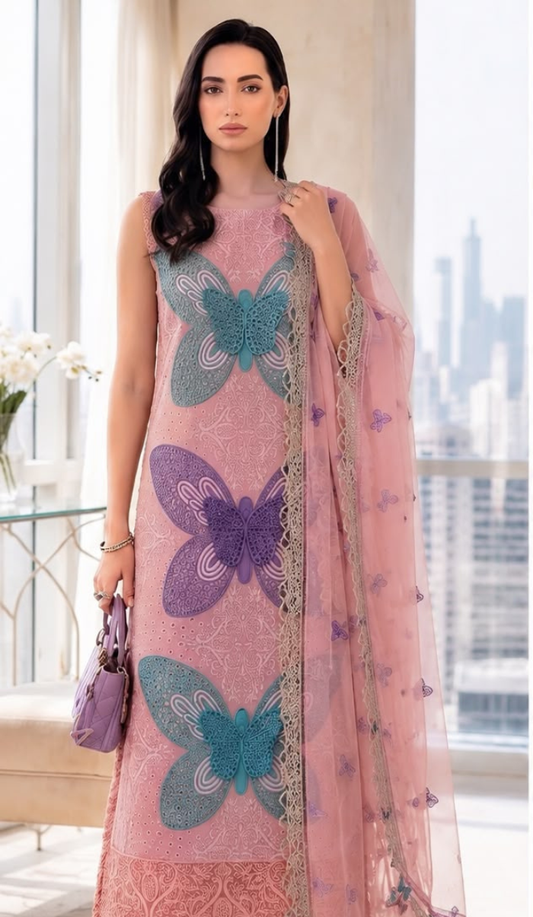 MRB - 3PC Lawn Chikankaari Embroidered  Unstitched (Pink)