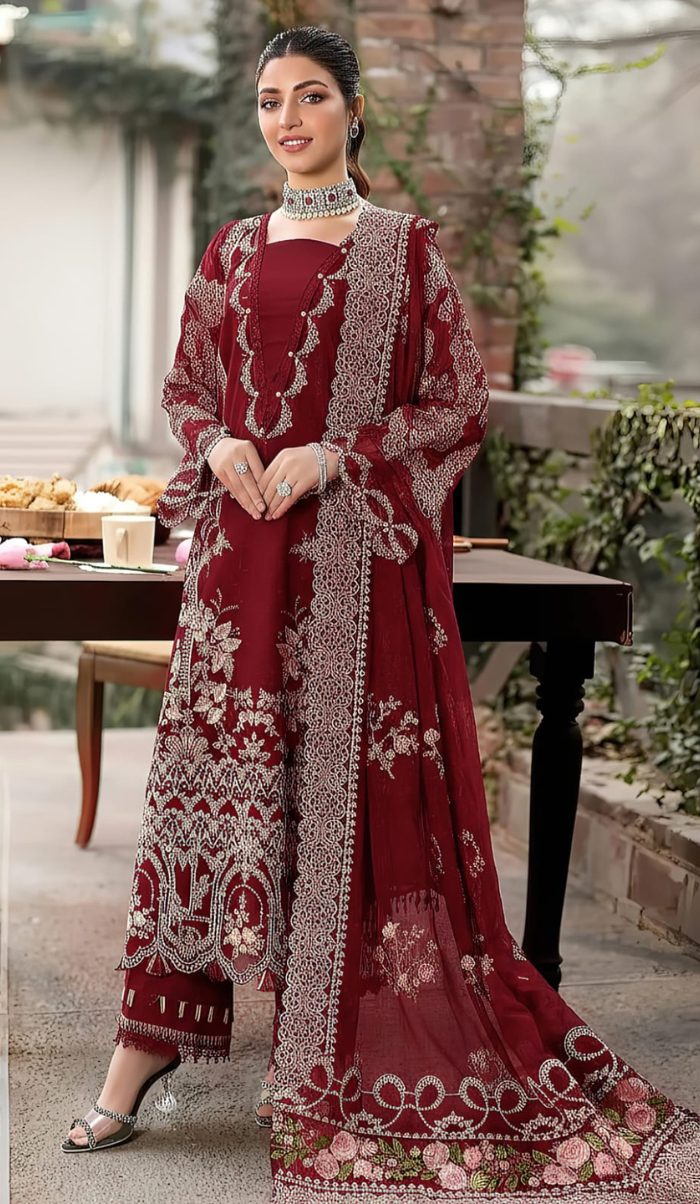 ILF- 3PC DHANAK EMBROIDERED UNSTITCHED (Maroon)