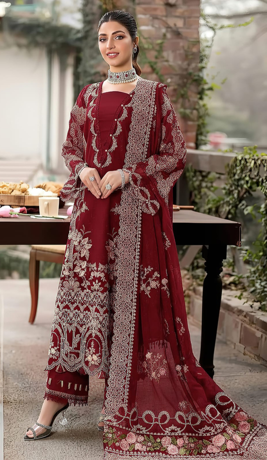 ILF- 3PC DHANAK EMBROIDERED UNSTITCHED (Maroon)