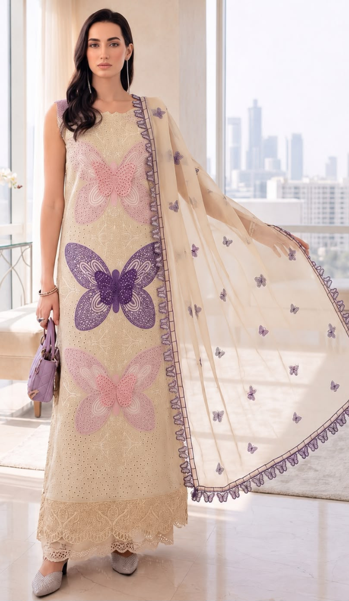 MRB - 3PC Lawn Chikankaari Embroidered  Unstitched (Beige)