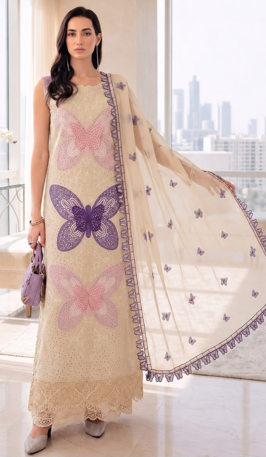 MRB - 3PC Lawn Chikankaari Embroidered  Unstitched (Beige)