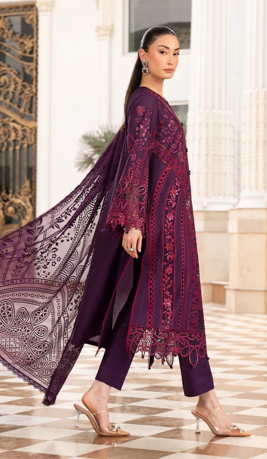 MRB - 3PC DHANAK CHIKANKARI EMBROIDED  UNSTICHED