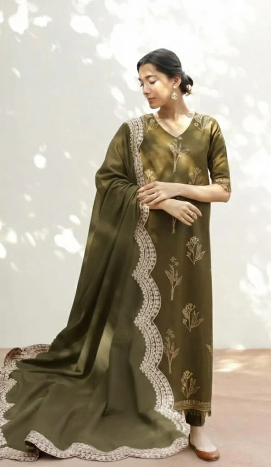 MHR - 3PC DHANAK EMBROIDERED UNSTITCHED (OLIVE)