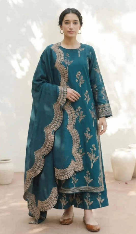 MHR - 3PC DHANAK EMBROIDERED UNSTITCHED (Teal)