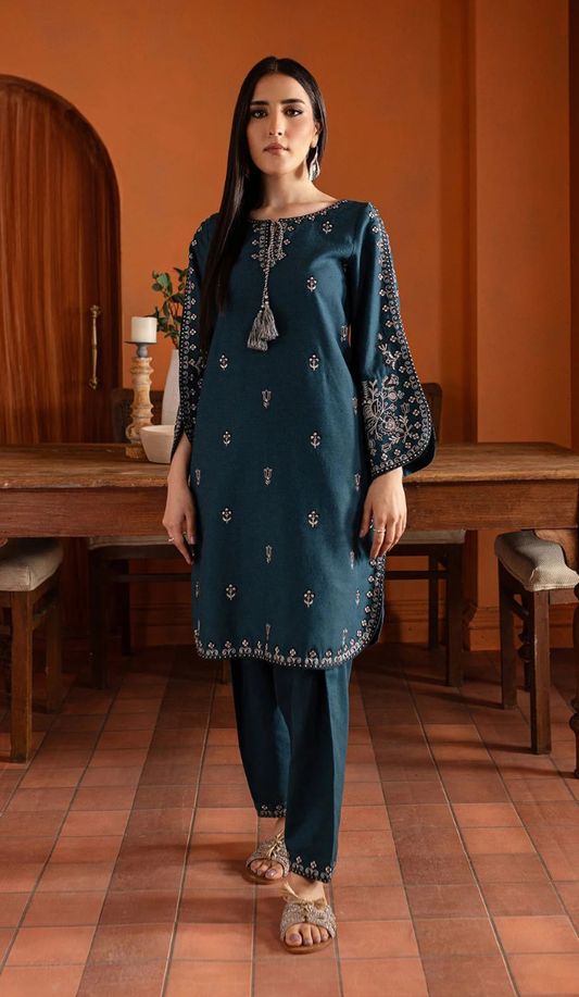 BTK - 2PC DHANAK EMBROIDERED UNSTITCHED(Dark Teal Blue)