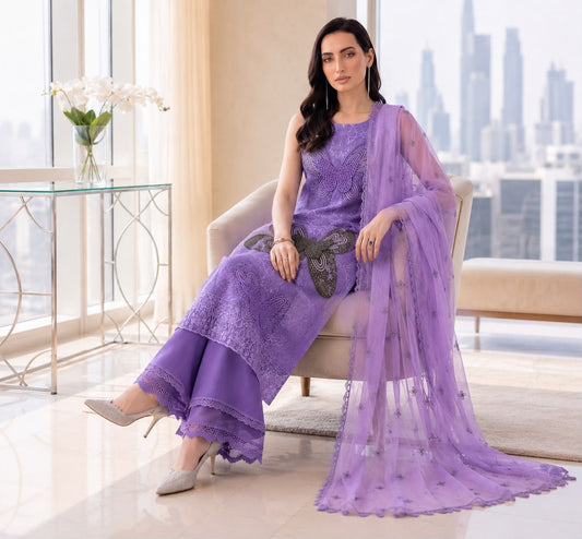 MRB - 3PC Lawn Chikankaari Embroidered  Unstitched (Purple)