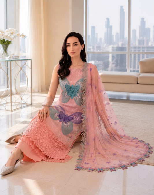 MRB - 3PC Lawn Chikankaari Embroidered  Unstitched (Pink)