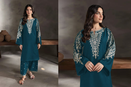 BTK - 2PC DHANAK EMBROIDERED UNSTITCHED(Teal Blue)
